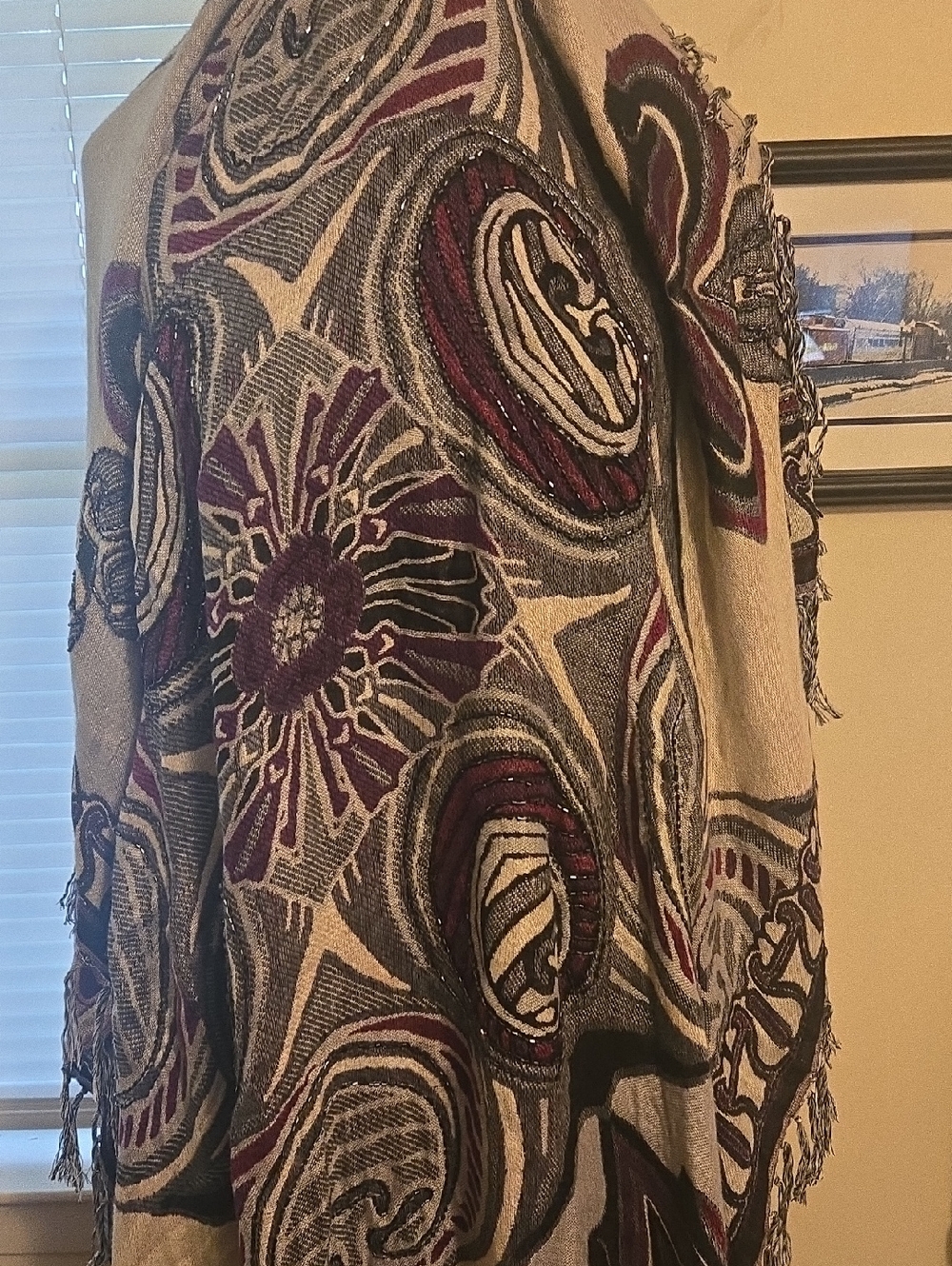 Chico's Beaded Shawl with Purple and Black Floral Motif, Fringed. 43"X45"